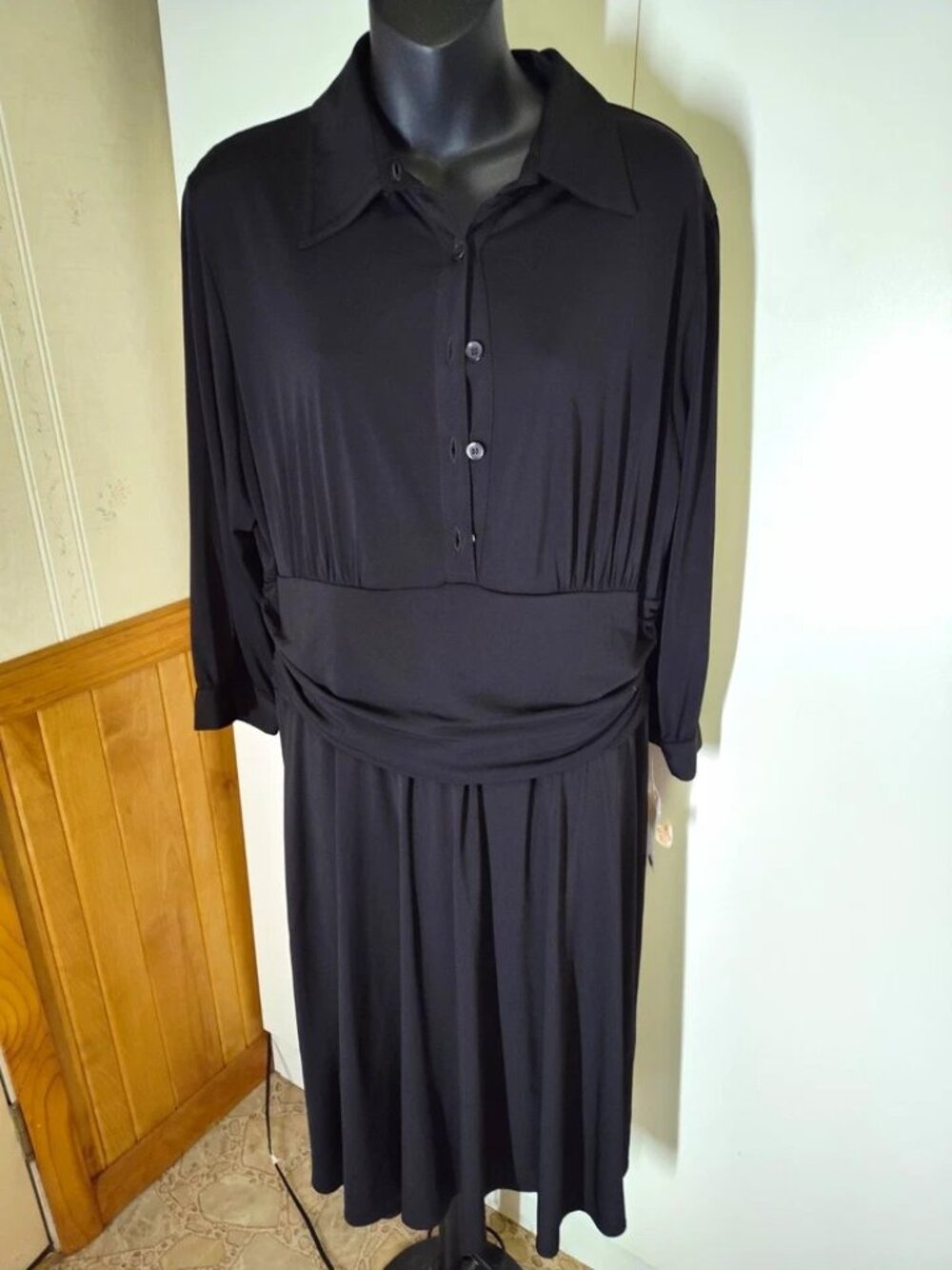 NWT Dressbarn Womens Black Solid Shirt Dress Collared 3/4 Sleeve Midi Plus 16W